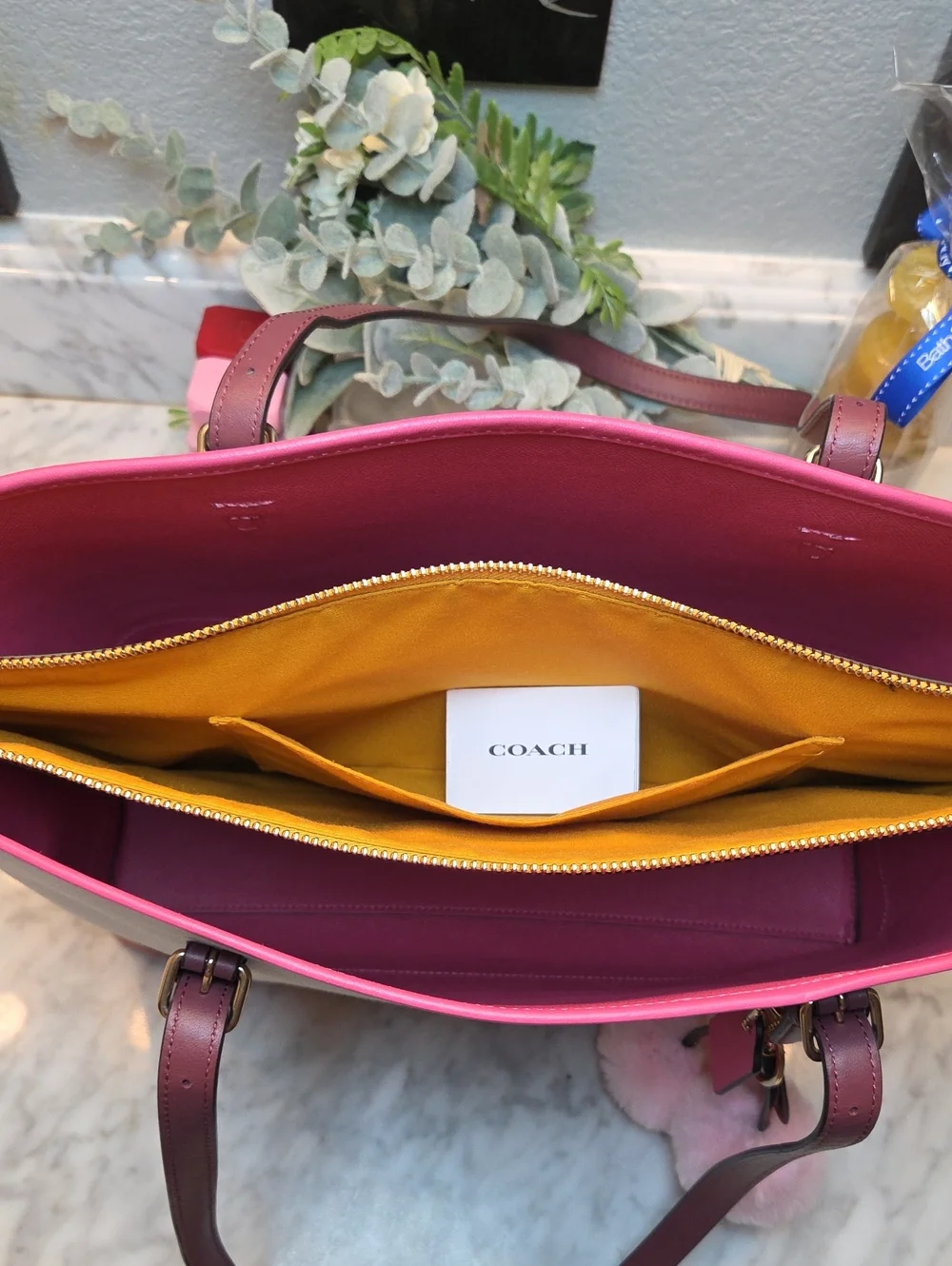 EUC 2021 Coach Molly Canvas Tote with Pink Trim and Burgundy Straps & Card Case